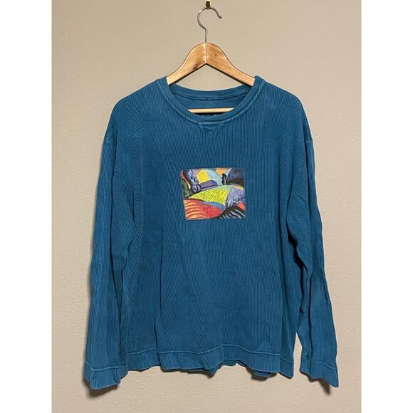 Michael Leu Womens Top 1X Blue Hand Painted Graphic Ribbed Long Sleeve Artsy - Picture 1 of 9